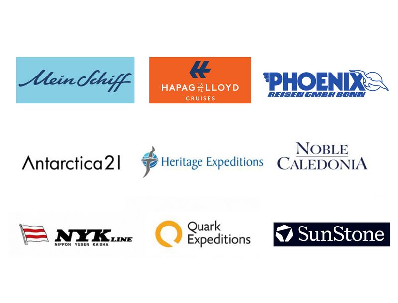 Übersicht der Kundenlogos von sea chefs: Antarctica21, Hapag-Lloyd Cruises, TUI Cruises Mein Schiff, NYK, Noble Caledonia, Phoenix Reisen, Quark Expeditions, Scylla, AmaWaterways